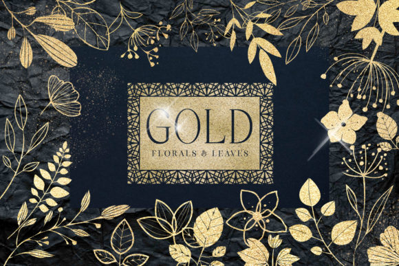 Download Gold Foil Textured Leaves Flowers PNG - Flower Collection