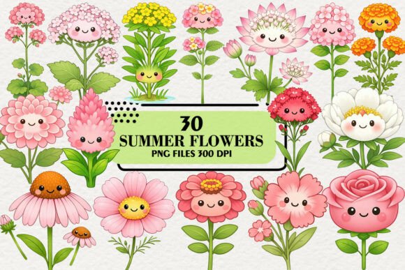 Download Kawaii Summer Flowers Clipart Bundle - Flower Collection