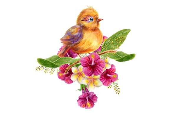 Download Bird Chick Tropical Flowers Greenery PNG - Flower Collection