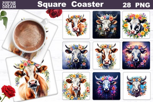 Download Cow Flowers Square Coaster Bundle - Flower Collection