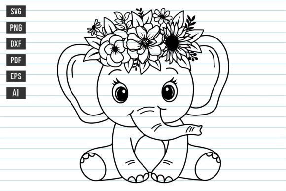 Download Cute Baby Elephant with Flower Svg. - Flower Collection